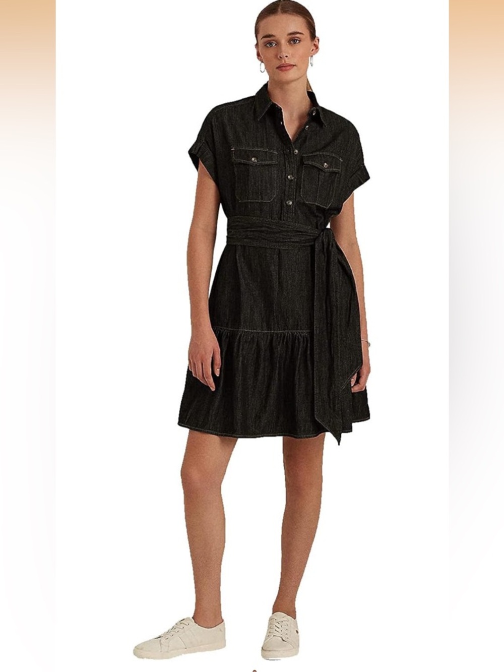 Ralph Lauren Dark Denim Short-Sleeve Denim Above-the-Knee Dress with Tie Waist